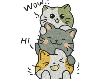 Stacked Kawaii Cats Embroidery Design, Cute Kitten Pile Machine Embroidery Pattern, Triple Cat Trio File, Instant Download