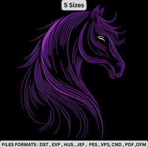 May include: A stylized purple horse head design on a black background. The horse is depicted with flowing lines, and the image includes the text "5 Sizes". The image also lists file formats: DST, EXP, HUS, JEF, PES, VP3, CND, PDF, OFM.