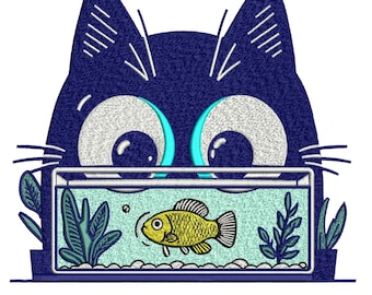 Curious Cat Fish Tank Machine Embroidery Design, Funny Black Cat Peeking Fishbowl Pattern, Playful Pet Lover File, Instant Download.