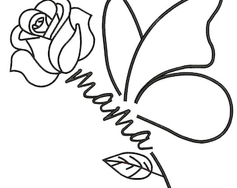 Mama Floral Butterfly Embroidery Design – Mother’s Day Machine Embroidery Pattern, Mom Text Stitch File, 5 Sizes Instant Download.