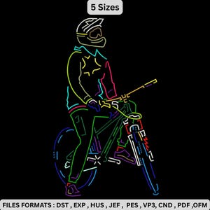 Op de afbeelding: Neon-stijl illustratie van een persoon op een mountainbike, tegen een zwarte achtergrond. De afbeelding bevat de tekst "5 Sizes" en een lijst met bestandsformaten: DST, EXP, HUS, JEF, PES, VP3, CND, PDF, OFM. De fietser en fiets zijn in heldere kleuren omlijnd.