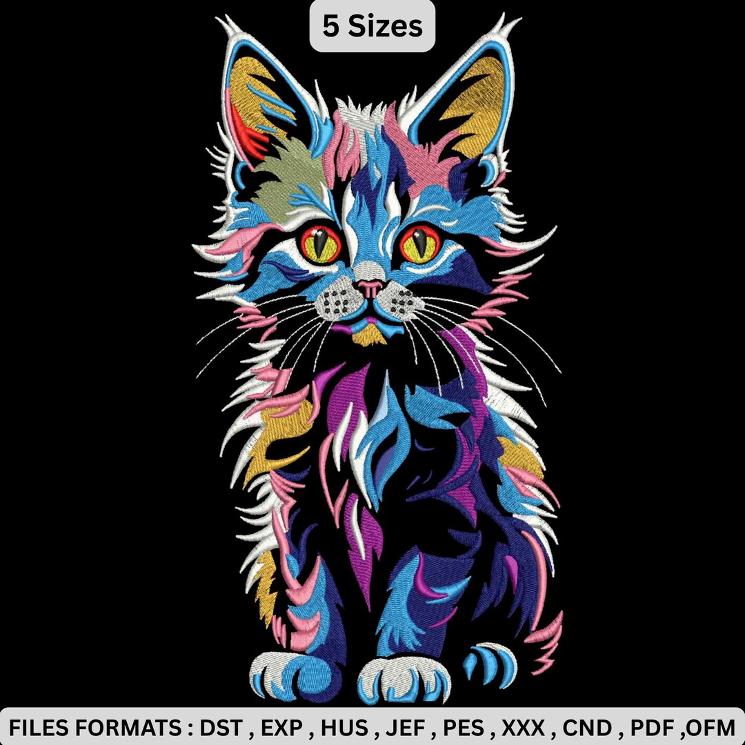 Colorful Cute Cat Embroidery Design, Cute Rainbow Machine Embroidery ...