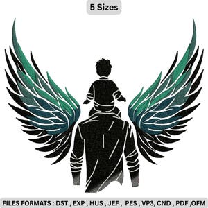 May include: An embroidery design featuring a silhouette of a person carrying a child on their shoulders, flanked by large, detailed wings in shades of black, teal, and green. The text 5 Sizes and FILES FORMATS : DST , EXP , HUS , JEF , PES , VP3 , CND , PDF , OFM is visible.