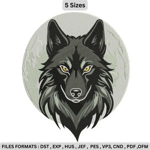 May include: An embroidered design of a wolf's head with yellow eyes, set against a light gray circular background. The wolf is depicted in shades of gray and black, with detailed fur and a focused expression. The text "5 Sizes" is at the top.