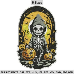 May include: An embroidered patch featuring a cartoon skeleton in a hooded robe, seated with two jack-o'-lanterns. The design includes a cityscape, bats, and the text "5 Sizes". The patch is outlined in black and has a yellow and orange background.