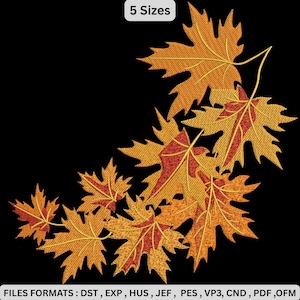 Puede incluir: Diseño bordado de hojas de arce otoñales en tonos naranja, amarillo y rojo sobre fondo negro. La imagen incluye el texto "5 Sizes" e información sobre formatos de archivo.