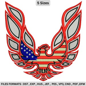 May include: Embroidered eagle design in red, white, and blue, resembling the American flag. The eagle has outstretched wings with a star field and stripes. The text "5 Sizes" is at the top. The bottom text lists file formats: DST, EXP, HUS, JEF, PES, VP3, CND, PDF, OFM.