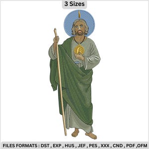 May include: An embroidered design of a religious figure, holding a staff and wearing a green robe and a gold medallion. The figure has a halo and is set against a white background. The text "3 Sizes" is at the top.