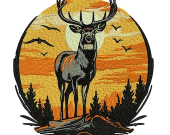 Buck Deer Sunset Embroidery Design, Forest Wildlife Machine Embroidery Pattern, Majestic Stag in Woods File, Instant Download.