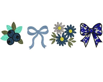 Floral Bow Embroidery Design, Coquette Aesthetic Machine Embroidery Pattern,  Blue Floral Daisy Stitch File, Instant Download