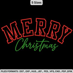 May include: A black background with the words "MERRY Christmas" in red and green. The word "MERRY" is in a bold, blocky font with a red outline. "Christmas" is in a cursive green font. The image also includes "5 Sizes" and file format information.