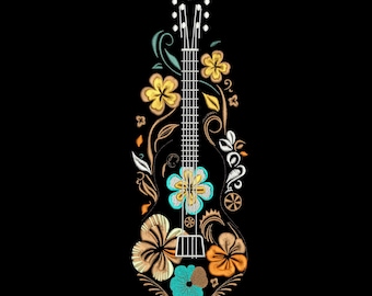 Floral Acoustic Guitar Embroidery Design, Boho Tropical Flowers Music Lover Embroidery Pattern, Musician Gift File, Instant Download.