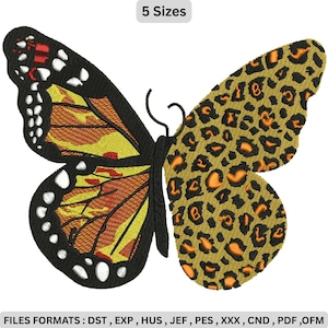 Puede incluir: Un diseño de mariposa con un ala con estampado de leopardo y la otra ala con un patrón de mariposa monarca. El diseño es en negro, naranja, amarillo y blanco. El texto "5 Sizes" está en la parte superior.