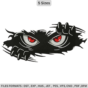Puede incluir: Diseño de bordado negro con ojos de monstruo con iris rojos y garras. El diseño incluye el texto "5 Sizes" y una lista de formatos de archivo: DST, EXP, HUS, JEF, PES, VP3, CND, PDF, OFM. Ideal para proyectos de bordado.
