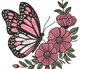 Floral Butterfly Embroidery Design, Butterfly with Pink Flowers Embroidery Pattern, Trendy Nature-Inspired Stitch Pattern, Instant Download.
