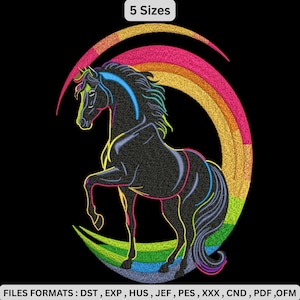 May include: Black horse embroidery design with a rainbow arch and text "5 Sizes". The horse is rearing up, with colourful accents on its mane and body. The design is set against a black background. The image also includes file format information.