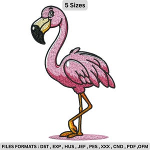 May include: A pink flamingo embroidery design with a black beak and yellow legs. The image includes the text "5 Sizes" and "FILES FORMATS: DST, EXP, HUS, JEF, PES, XXX, CND, PDF, OFM".