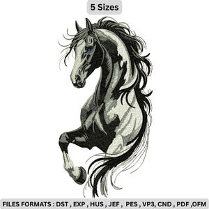 May include: An embroidered design of a rearing horse in black and white. The horse has flowing mane and tail, with blue eyes. The image includes the text "5 Sizes" and "FILES FORMATS: DST, EXP, HUS, JEF, PES, VP3, CND, PDF, OFM".