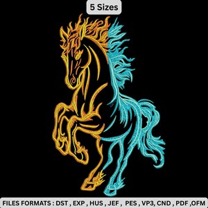 May include: An embroidered design of a rearing horse, split vertically with yellow and blue thread on a black background. The text "5 Sizes" is at the top, and "FILES FORMATS: DST, EXP, HUS, JEF, PES, VP3, CND, PDF, OFM" is at the bottom.