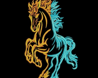Fire and Ice Horse Embroidery Design, Split Flame & Water Horse Outline,  Dual Color Horse Machine Embroidery Pattern, Instant Download.