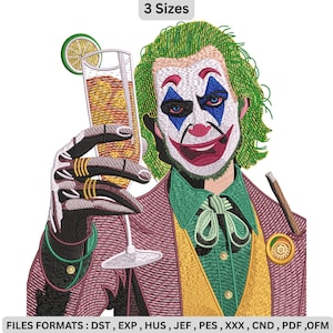 May include: Embroidered design of a character with green hair, white face makeup, and red lips, holding a cocktail. The character wears a purple suit jacket, green shirt, and yellow vest. The text "3 Sizes" is at the top.