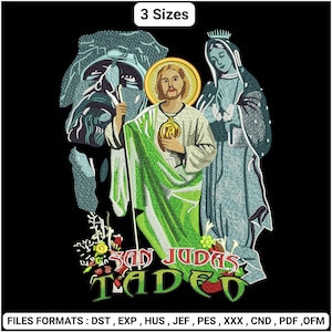 May include: Embroidered design featuring San Judas Tadeo in a green and white robe, with a gold halo and medallion, and two other religious figures. The text "SAN JUDAS TADEO" is below the figures. The image is on a black background. The text "3 Sizes" is at the top.