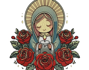 Disegno da ricamo della Vergine Maria, Nostra Signora con le rose, Motivo floreale religioso da ricamo, Ricamo a macchina di un santo cattolico, Download immediato