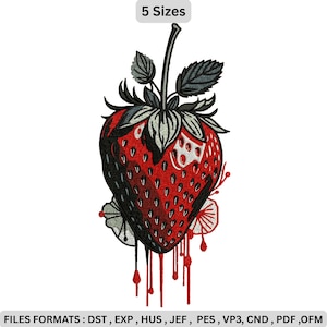 Puede incluir: Diseño de fresa bordada con efecto goteo en tonos rojo, negro y blanco. La imagen incluye el texto "5 Sizes" en la parte superior y una lista de formatos de archivo en la parte inferior.