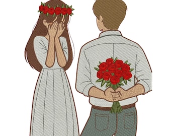 Couple Red Rose Surprise Machine Embroidery Design, Proposal Bouquet Flower Crown Pattern, Custom Anniversary Gift File, Instant Download.
