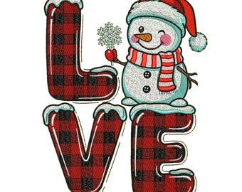 Disegno da ricamo LOVE Snowman, modello invernale a quadri con pupazzo di neve natalizio, file per ricamo a macchina per le feste, 5 dimensioni, download immediato.