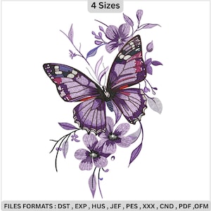 May include: A detailed embroidery design featuring a purple butterfly with intricate wing patterns, surrounded by purple flowers and foliage. The design includes the text "4 Sizes" and file format information.