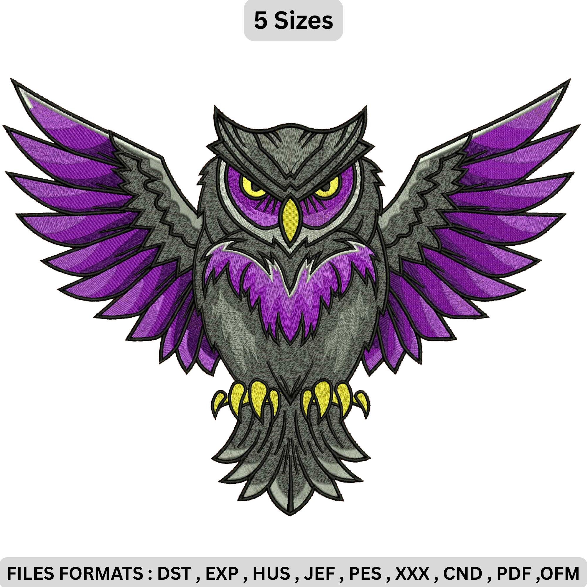 Mascot Purple Owl Embroidery Design, Digital File for Machine Embroidery on Black Textile, Realistic