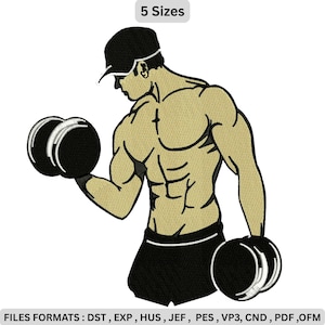 Może przedstawiać: Haftowany wzór umięśnionej postaci w czapce i szortach, podnoszącej dwie czarne hantle. Projekt jest w odcieniach beżu i czerni. Tekst "5 Sizes" znajduje się na górze. Tekst "FILES FORMATS: DST, EXP, HUS, JEF, PES, VP3, CND, PDF, OFM" znajduje się na dole.