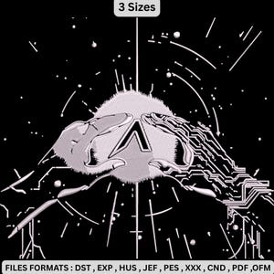 May include: A digital embroidery design featuring a stylized emblem held by two hands, set against a black background with white accents. The design includes the text "3 Sizes" and file format information.