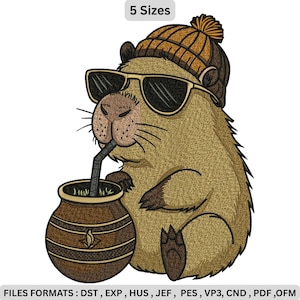 May include: Embroidered design of a capybara wearing sunglasses and a knit cap, sipping from a brown gourd. The capybara is light brown with dark brown accents. The text "5 Sizes" is at the top.
