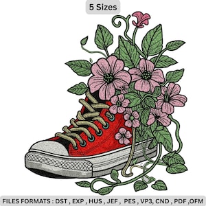 May include: A red high-top sneaker with a white toe cap and cream-colored laces, adorned with pink flowers and green leaves. The design is an embroidery pattern. The text "5 Sizes" is at the top.