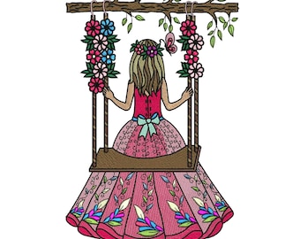 Girl on Swing Embroidery Design, Fairy Tale Princess Stitch File, Secret Garden Swing Cute Girl Embroidery Pattern, Instant Download.