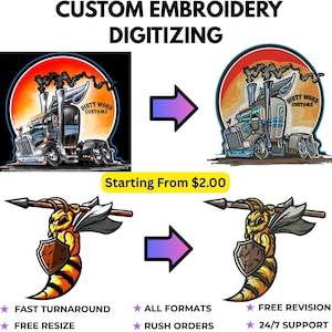 May include: Image showcasing custom embroidery digitizing services. The design features a semi-truck and a cartoon wasp holding a spear and shield. Text includes "CUSTOM EMBROIDERY DIGITIZING" and service details.