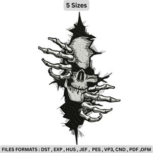Könnte beinhalten: Schwarz-weiß gesticktes Design mit einem Totenkopf und Skeletthänden, die aus einem zerrissenen Hintergrund auftauchen. Der Text "5 Sizes" befindet sich oben. Das Bild listet auch Dateiformate auf: DST, EXP, HUS, JEF, PES, VP3, CND, PDF, OFM.