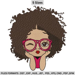May include: An embroidered design of a cartoon girl with brown curly hair, wearing pink glasses and a pink top. The girl is winking and resting her chin on her hands. The text "5 Sizes" is at the top.