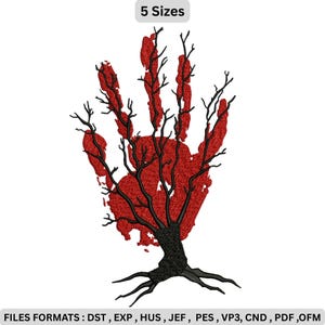 May include: An embroidery design featuring a red handprint with black tree branches and roots. The text "5 Sizes" is at the top. The bottom of the image displays "FILES FORMATS: DST, EXP, HUS, JEF, PES, VP3, CND, PDF, OFM".