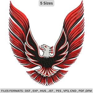 Könnte beinhalten: Gesticktes Design eines roten, schwarzen und weißen Phönix mit ausgebreiteten Flügeln. Das Design enthält den Text "5 Sizes" oben und Dateiformatinformationen unten. Der Phönix ist ein Symbol für Wiedergeburt und Erneuerung.