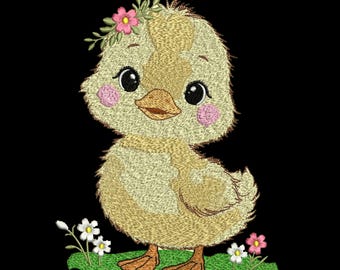 Cute Baby Duck Flower Crown Embroidery Design, Spring Duckling Daisy Flower Embroidery Pattern, Farm Baby Nursery File, Instant Download.