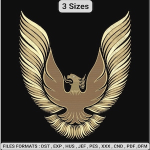 May include: An embroidered design featuring a stylized eagle with outstretched wings in gold and brown, on a black backdrop. The text "3 Sizes" is at the top. The bottom of the image displays file formats: DST, EXP, HUS, JEF, PES, XXX, CND, PDF, OFM.