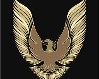May include: A detailed embroidered design of a stylized eagle with outstretched wings in shades of gold and brown, set against a black background. The text "3 Sizes" is at the top. The bottom of the image displays file formats: DST, EXP, HUS, JEF, PES, XXX, CND, PDF, OFM.