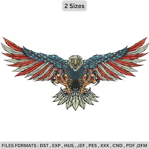 Puede incluir: Un diseño bordado de un águila calva americana con las alas extendidas. Las alas del águila están coloreadas con el diseño de la bandera americana, con rayas rojas y blancas y un campo azul de estrellas. El texto "2 Sizes" está en la parte superior.