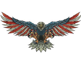 Puede incluir: Un diseño bordado de un águila calva americana con las alas extendidas. Las alas del águila están coloreadas con el diseño de la bandera americana, con rayas rojas y blancas y un campo azul de estrellas. El texto "2 Sizes" está en la parte superior.
