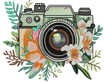Floral Camera Machine Embroidery Design, Vintage Photography Embroidery File, Flowers and Camera Stitch Pattern, Instant Download.