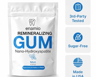 May include: A white pouch of Enamio remineralizing gum with Nano-Hydroxyapatite and mint flavor. The packaging contains 18 pieces and is labeled sugar-free with no rubber or plastic. Icons indicate it is 3rd-party tested and made in the USA.