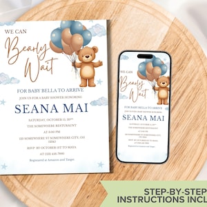 Teddy Bear Baby Shower Invitation: Blue Balloons, Editable Template (Digital Download)